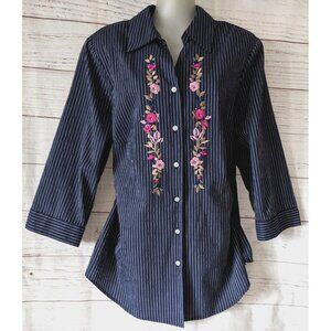 Allison Daley Shirt Blouse Blue Embroidery Striped Button Down 3/4 Sleeve 18W